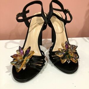 VENUS Black Heels with Jewel Floral Design